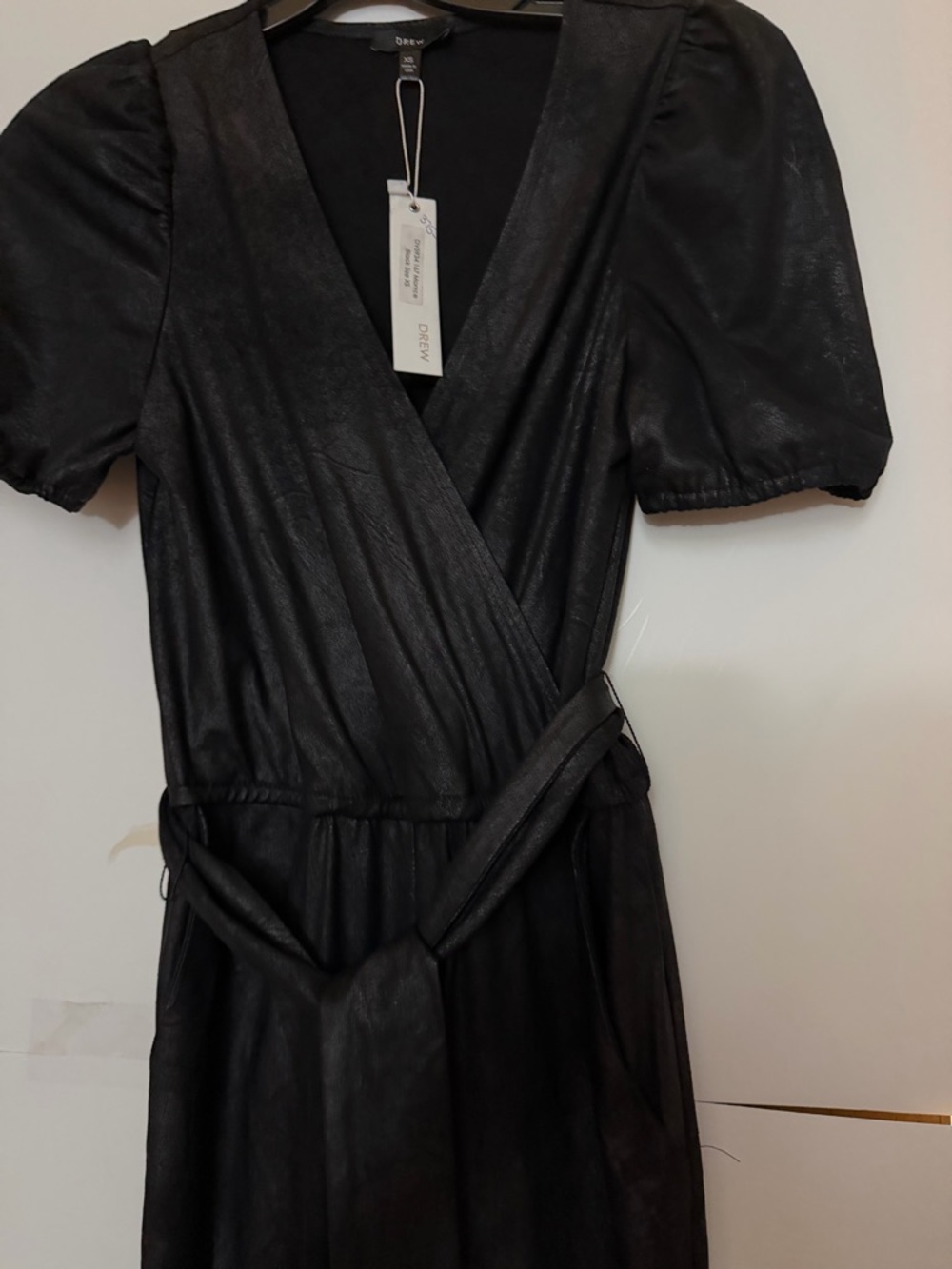 Wrap Faux-Leather Puff Sleeve Jumpsuit- Black
